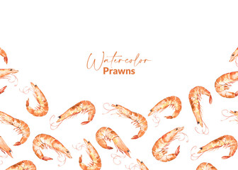 Template with watercolor illustrated prawns