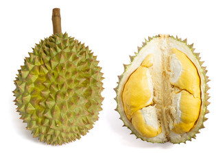 Fototapeta premium Peeled ripe durian and whole is the most popular fruit in Thailand isolated on white background.