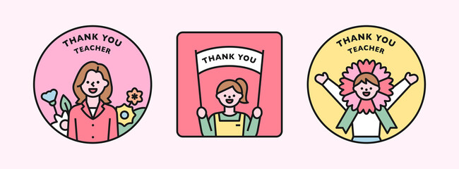 Happy teacher with children saying thank you on Teacher's Day. Cute characters in a round frame. flat design style vector illustration.