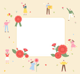Many people have fun holding carnations around a large message card. flat design style vector illustration.