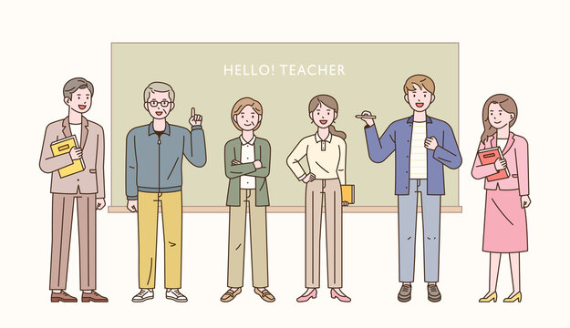 Several teachers stand in front of the blackboard and teach. flat design style vector illustration.