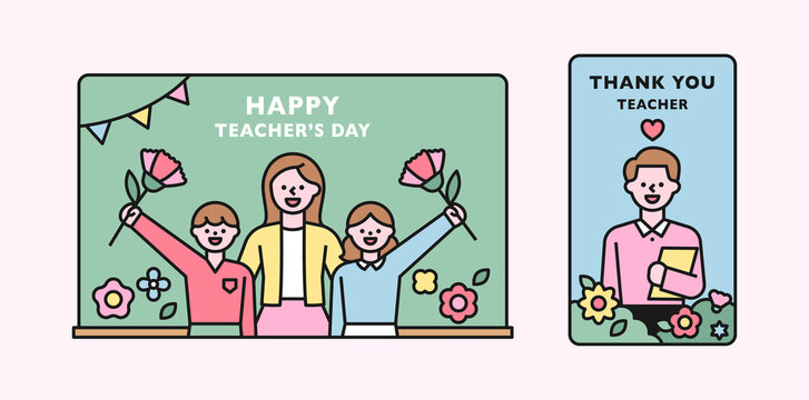 Teacher's Day. Happy Teacher With Children Giving Flowers To Teacher In Front Of Blackboard. Flat Design Style Vector Illustration.