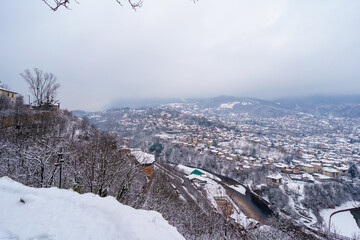 Snowy winter view of Sarajevo city in from the Yellow fortress, Bosnia