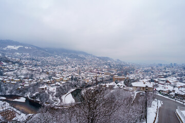 Snowy winter view of Sarajevo city in from the Yellow fortress, Bosnia