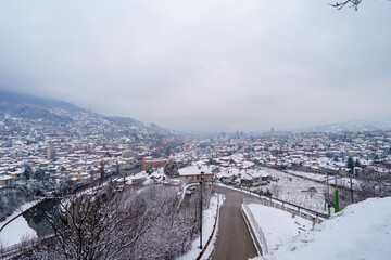 Snowy winter view of Sarajevo city in from the Yellow fortress, Bosnia