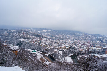 Obraz premium Snowy winter view of Sarajevo city in from the Yellow fortress, Bosnia