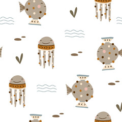 Seamless pattern with cute undersea inhabitants in boho style. Creative childish background. Perfect for kids apparel,fabric, textile, nursery decoration,wrapping paper.Vector Illustration