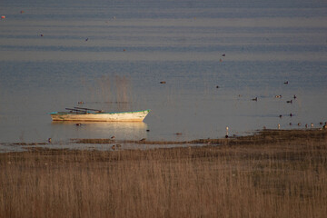 Small rowboat moored on the shore of a blue water lake at sunset.