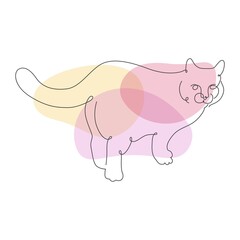 Funny cat isolated on white background and colorful spots. Trendy Line style. Adorable cat - symbol Chinese zodiac calendar. Hand drawn vector illustration. Poster, sticker, card design.