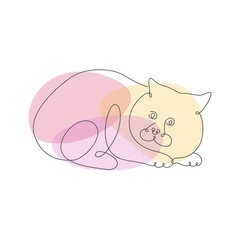 Funny cat isolated on white background and colorful spots. Trendy Line style. Adorable cat - symbol Chinese zodiac calendar. Hand drawn vector illustration. Poster, sticker, card design.