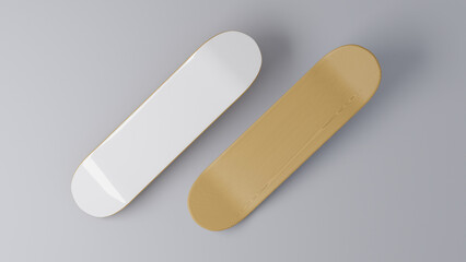 White Skateboard Deck Part. Show bot side on gray background. 3D Rendering