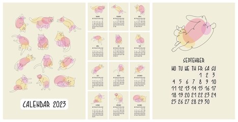 Vertical calendar 2023 with funny cats. Adorable cat - symbol Chinese zodiac calendar. Week starts from Monday. Set of 12 pages and cover in size A3. Trendy Line art in vector illustration.
