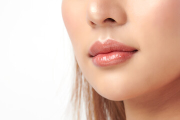 Close up photo with beautiful female face, Sexy plump full lips. Close-up face detail. Perfect...