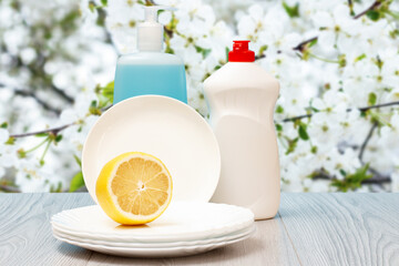 Bottles of dishwashing liquid, plates and lemon on natural background.