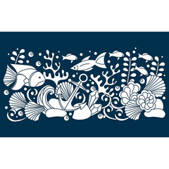 Underwater Marine vector border, panorama . Doodle sea world, ocean.