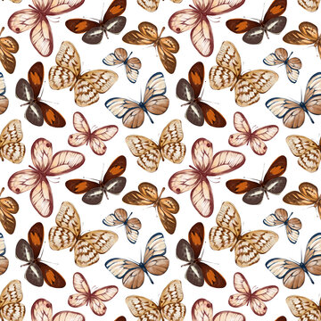 Watercolor hand drawn seamless pattern with illustration of exotic butterflies, moths isolated on white background. Set perfect for you unique creation, print, wallpaper, greeting card, invitations