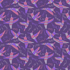 Naklejka premium Hand drawn party hummingbirds seamless pattern. Perfect for T-shirt, poster, greeting card and print. Doodle illustration for decor and design.