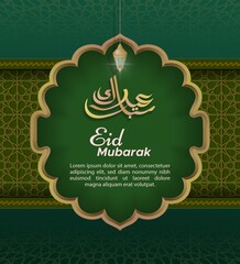 eid Mubarak social media template with Arabic pattern border frame in dark green background