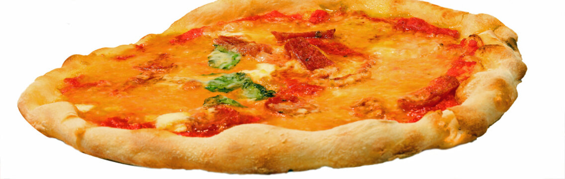 MARGHERITA pizza with fresh mozzarella and tomato pulp and basil typical dish of Italian cuisine on a white background