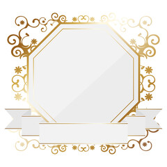 リボン付きオーナメントの八角形フレーム　ホワイト＆ゴールド