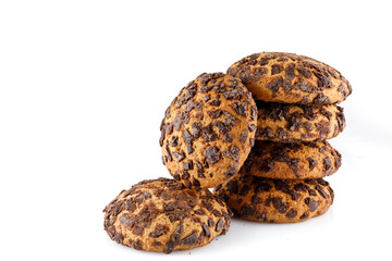Chocolate chip cookies isolated on white background. Sweet biscuits. Homemade pastry.