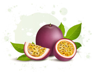 Passion Fruit vector illustration with half piece and slices of passion fruit with green leaves - obrazy, fototapety, plakaty