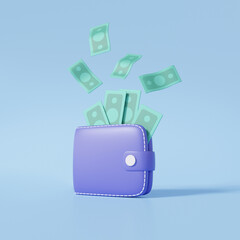 Purple wallet icon with banknotes floating, Cashback concept. Finance business deposit income profit, cartoon minimal on sky blue pastel background, isolated, banner, illustration. 3d rendering - obrazy, fototapety, plakaty