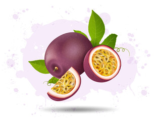 Whole passionfruit with slices and a half piece of passion fruit with green leaves
