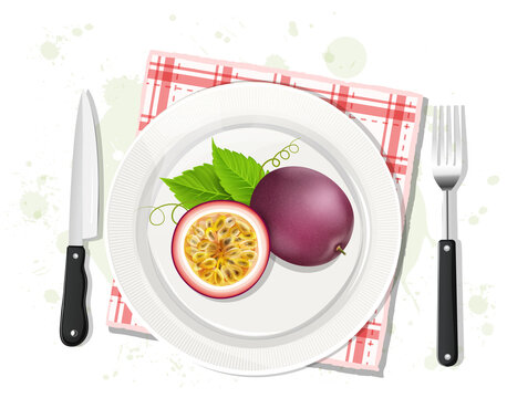 Purple passion fruit vector illustration with half piece of fruit with green leaves from top angle