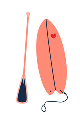 Surf or sup board with paddle. Flat vector cartoon illustration, clipart.
