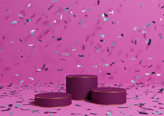 Bright magenta, neon pink 3D rendering product display three podiums stands with colorful confetti celebration anniversary advertising and golden lines for luxury products simple, minimal background