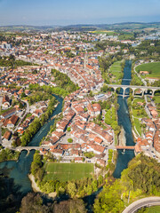Aerial view of the old town Fribourg and the curvy Sarine river meander, Switzerland.
