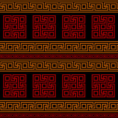 meander seamless pattern. greek fret repeated motif. black orange red repetitive background. vector geometric shapes. fabric swatch. wrapping paper. classic ornament. design template for textile