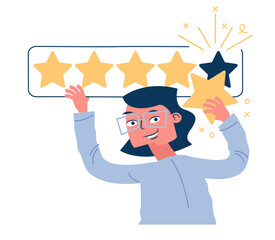 The person leaves a five-star rating and positive feedback. Customer feedback. Customer satisfaction.