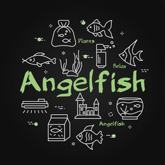 Fototapeta na wymiar Angelfish circular black vector banner. Linear aquarium icons in cirlce design
