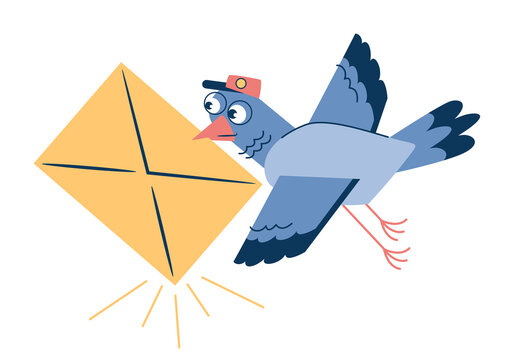 Cartoon bird is carrying an envelope. Mailing service. Messaging, contact,  chatting, communication concept. Fly courier.