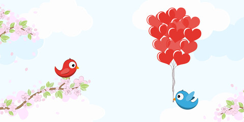 Birds in love on blossom branches