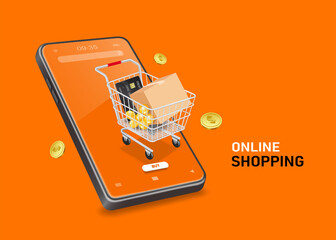 Parcel box,black credit card and balloons place on shopping cart and all floating on smartphone screen,vector 3d isolated on orange background for delivery and online shopping concept design © John k studio