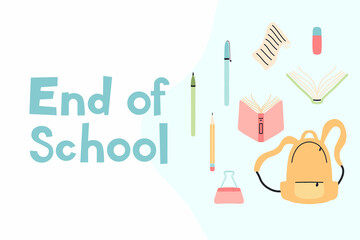 Education concept. End of school. A schoolboy throws school objects into the air. Flat style. Vector illustration.