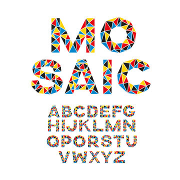 Vector Colorful Mosaic Font. Creative English Letters Made Of Triangles.