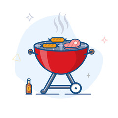 Kettle BBQ Charcoal Grill Vector Outline Illustration. Portable Camping Barbecue Icon. 