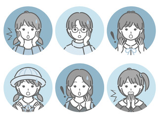 驚く小学生女子の丸アイコンセット
