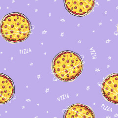 Hand drawn food seamless violet pattern with a pizza, abstract stars, cosmos doodle. Cute vector for paper, fabric, kitchen, children.