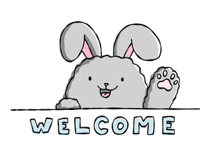 Doodle bunny postcard vector illustration eps 10. Baby print, banner, brochure, happy pet with smiling face. Welcome text with cute rabbit isolated on white background.