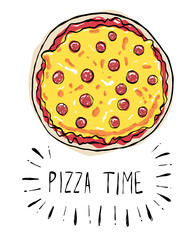 Pizza time print for pizzeria. Cute doodle postcard, food poster, background. Hand drawn vector illustration.