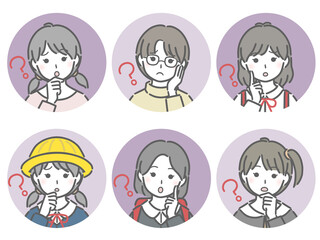疑問に思う女の子の丸アイコンセット