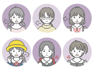 怒る女の子の丸アイコンセット