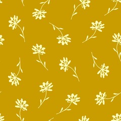 Simple calm floral vector seamless pattern. Small light flowers on a khaki background. For fabric prints, textiles.