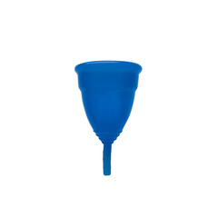 Blue menstrual cup isolated on white background. 