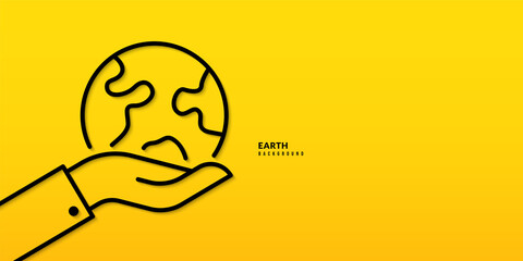 Hand holding Planet Earth on yellow background, Save the planet concept. Minimal Continuous line drawing illustration